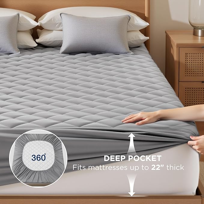 Bedsure Queen Mattress pad, Quilted Waterproof Mattress Protector with Deep Pocket up to 22 Inches, Soft Breathable Bed Pad Covers, Queen Bed Topper for Home, Bedroom, Hotel –Grey