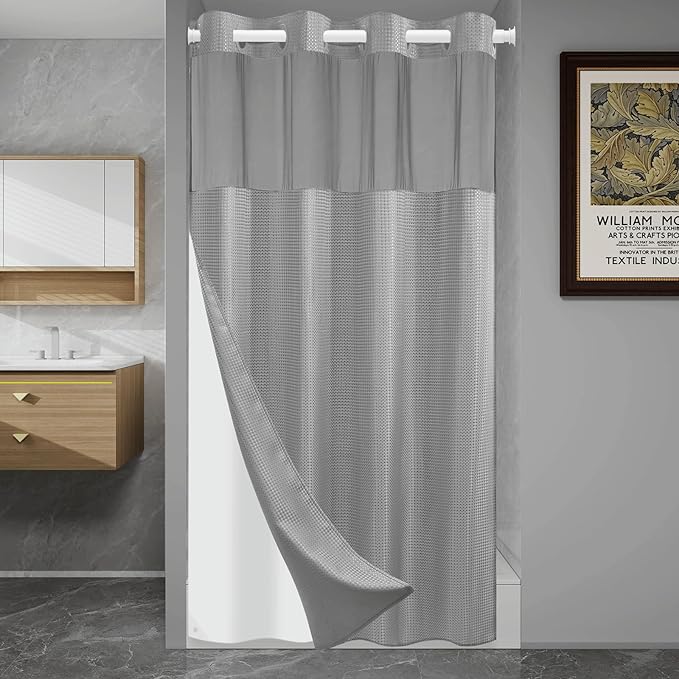 No Hook Shower Curtain with Snap in Liner Set Waffle Shower Curtain for Bathroom Hotel Style Fabric Waterproof Inner Liner，60" W x 74" H, Grey