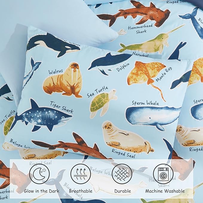 Full Size Comforter Set for Boys-7 Pieces Ocean Animals Glow in The Dark Full Bedding Sets for Kids, Ultra Soft Bed in A Bag with Sheets