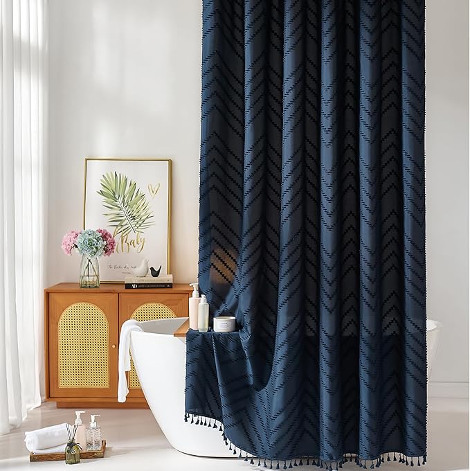 Extra Long Boho Navy Blue Shower Curtain, Woven Fabric Shower Curtain, 72 x 96, Tufted Striped Modern Chic Textured Cloth Shower Curtains Minimalist Bathroom Decor