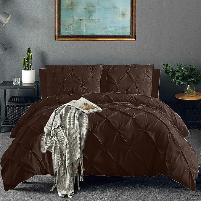 Pinch Pleated Duvet Cover Set 100% Brushed Microfiber 3PC King Size 94x104 Duvet Cover Set, Decorative Pinch Design Brown Duvet Cover with Matching Pillow Case