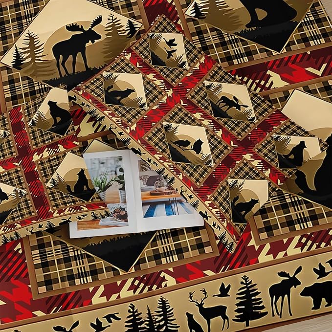 Red and Black Plaid Comforter Set Queen，Queen Size Bedding Set Animal Print，Rustic Farmhouse Quilt Bedding Sets Queen，Animal Print Bedroom Decor，with 1 Comforter with 2 Pillow Case