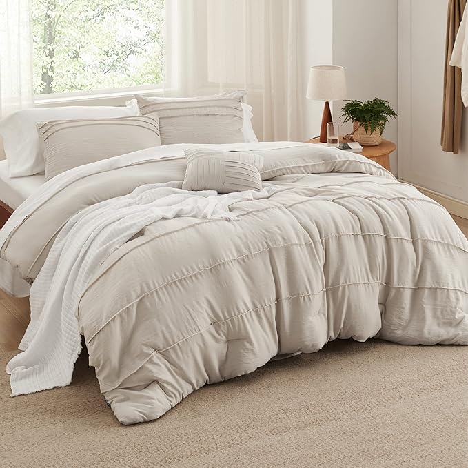 Bedsure Beige Oversized King Size Comforter Set - 4 Pieces Pinch Pleat Bed Set, Down Alternative Bedding Sets for All Season, 1 Comforter, 2 Pillowcases, 1 Decorative Pillow