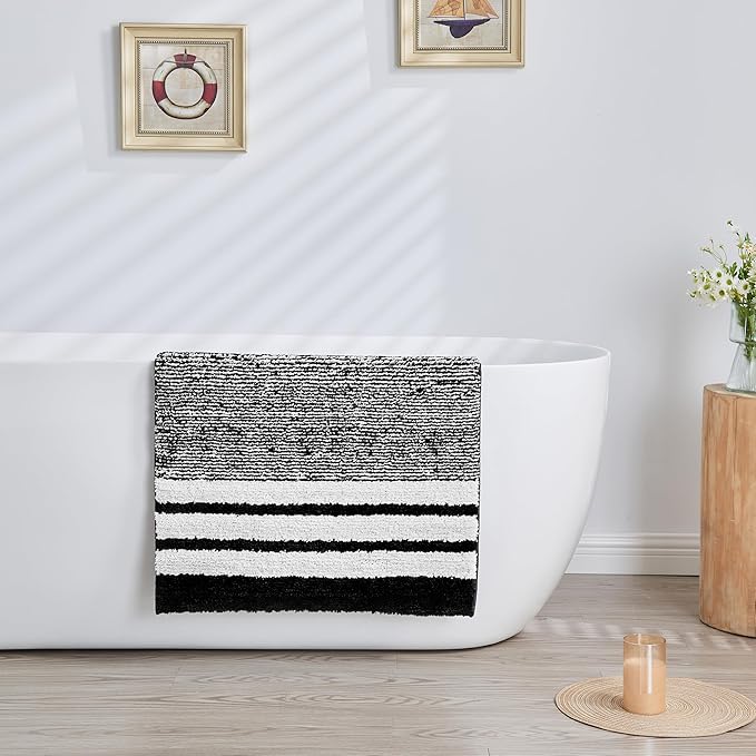 CozeCube Bath mats for Bathroom Non Slip, Fluffy Absorbent Microfiber Bath mat Washable, Aesthetic Bathroom Rugs, Large Jet Black Striped Bath mat, Jet Black, 36" x 24"