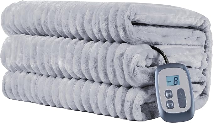 Electric Heated Blanket Full-Size 72x84 Inch - Ultra Soft Silky Flannel with Ribbed Texture, 10 Heating Levels and 12 Hours Auto-Off Feature - Light Gray