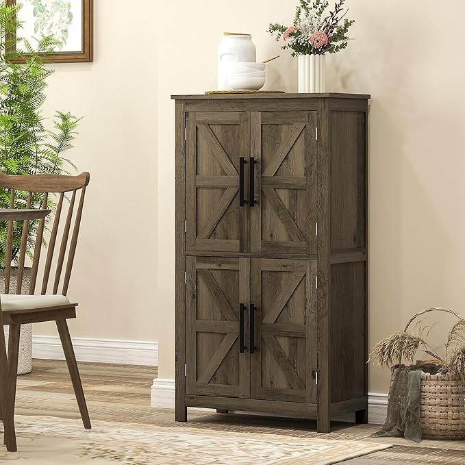 HOMCOM Farmhouse Bathroom Storage Cabinet with 4 Barn Doors, Bathroom Floor Cabinet with 2 Adjustable Shelf, Freestanding Storage Cupboard, Brown