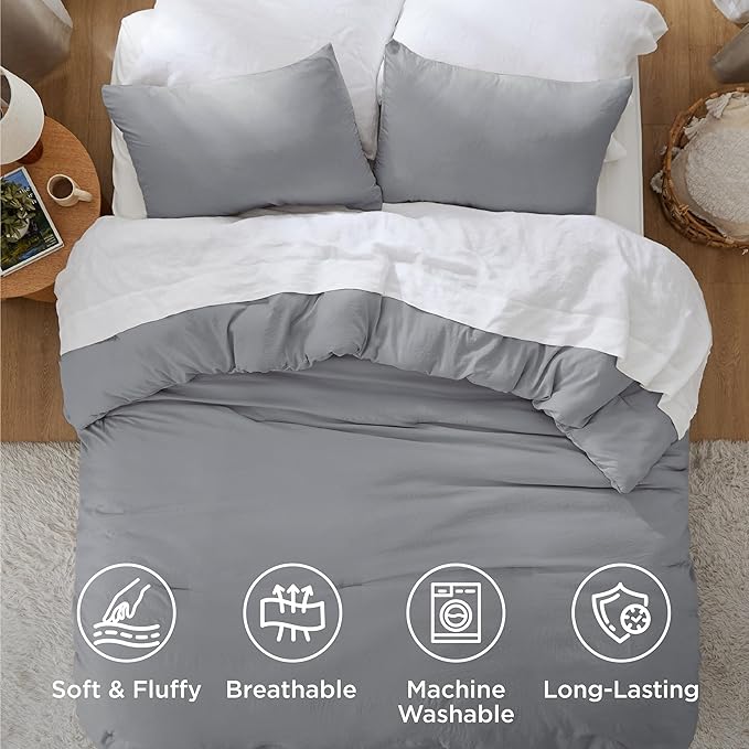 Bedsure Full Size Comforter Set, Grey Soft Prewashed Bedding for All Seasons, 3 Pieces GentleSoft™ Warm Down Alternative Bed Set, 1 Lightweight Comforter (82"x86") and 2 Pillowcases (20"x26")