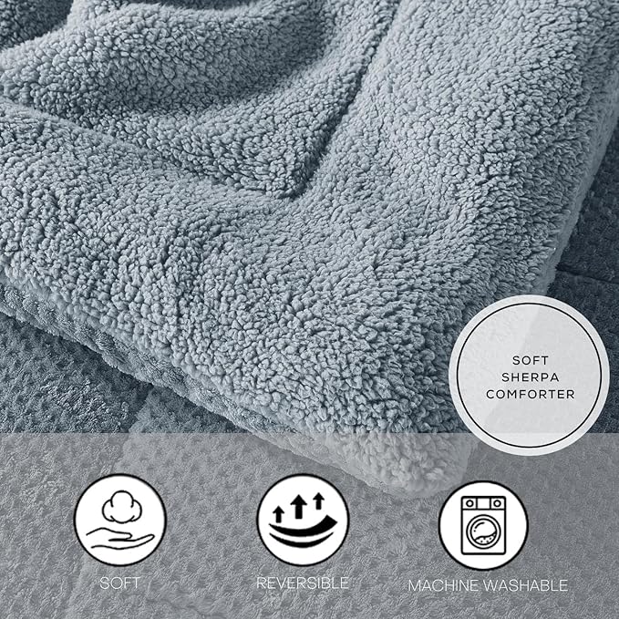 KASENTEX Super Ultra Soft Luxury Plush Sherpa Comforter, Cozy Reversible Faux Fur Machine Washable Bedding, Grey Blue, Queen Size