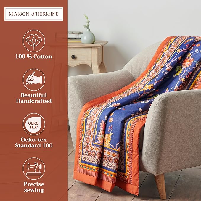 Maison d' Hermine Throw Blanket for Couch Lightweight Soft Warm Breathable Cotton Throw Blankets for Bed Girls Boys Women Men Gifts Sofa Travel Living Room Chair Bedding (60"x80", Kelim)