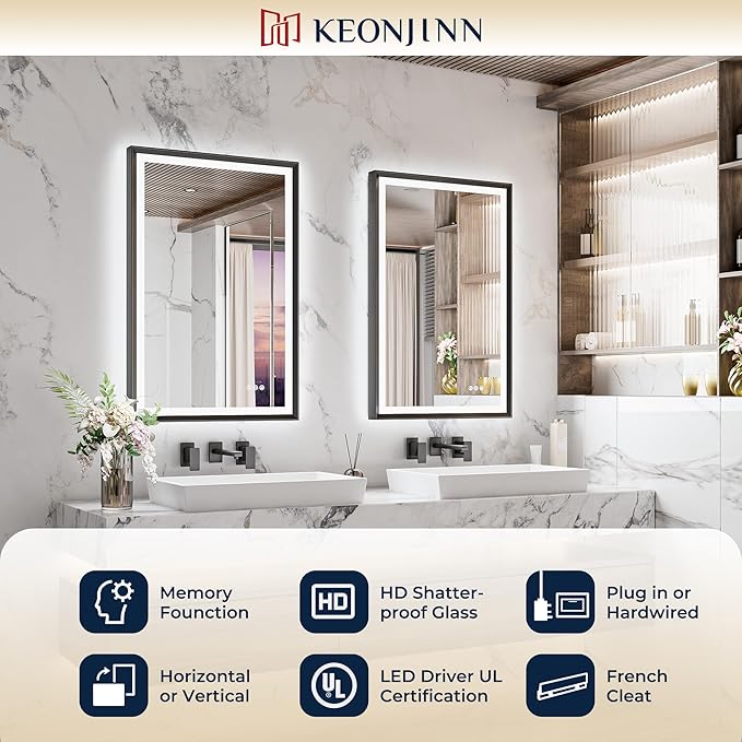 Keonjinn 48” x 30” LED Bathroom Mirror with Frontlit & Backlit, Large Metal Framed Lighted Mirror with Stepless Dimmable 3-Color Temperatures, Anti Fog, UL-Listed Driver, No Dark Corner