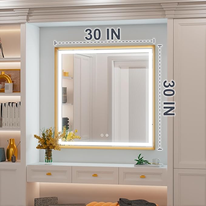 30x30 Inch Gold LED Bathroom Mirror, 3 Color Temperatures (3000K/4500K/6000K), Anti-Fog, Dimmable Lights, Memory Function, Horizontal/Vertical Wall Mounted