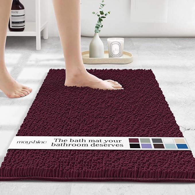 MAYSHINE Plush Shaggy Chenille Bath Mat | Extra Soft, Super Absorbent, Non-Slip Bathroom Rug | Fluffy Microfiber, Area Rug Sets for Bathroom Floor, Kitchen, Living Room | 32"x20" | Burgundy