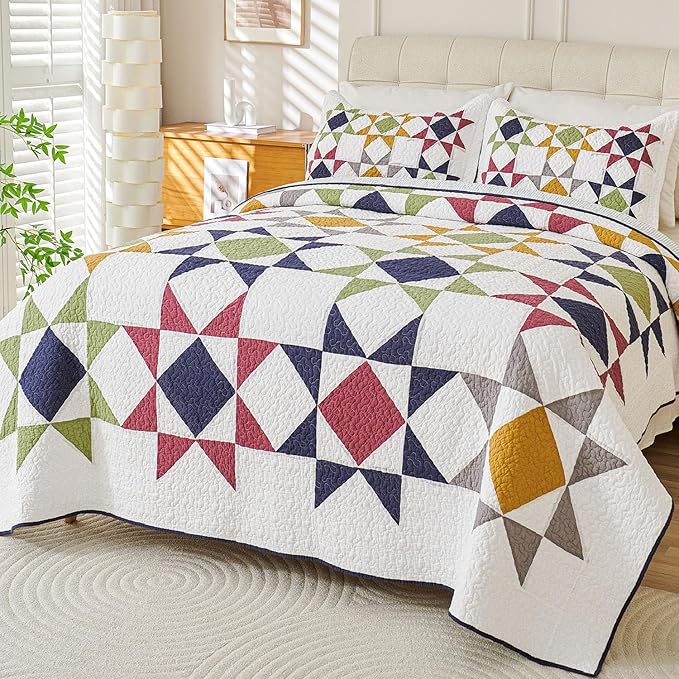 Cmfshape Quilt Sets Bedspread Set 100% Cotton Real Patchwork Bedding Set, All Season Use Lightweight Reversible Coverlet Quilts with 2 Pillow Shams(Queen 90"x90")