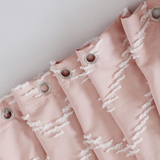 Extra Long Pink Boho Shower Curtain with White Tassel, Woven Fabric 84 in Shower Curtain, Tufted Chevron Striped, 72 x 84, Modern Chic Textured Minimalist Cute Shower Curtain for Bathroom