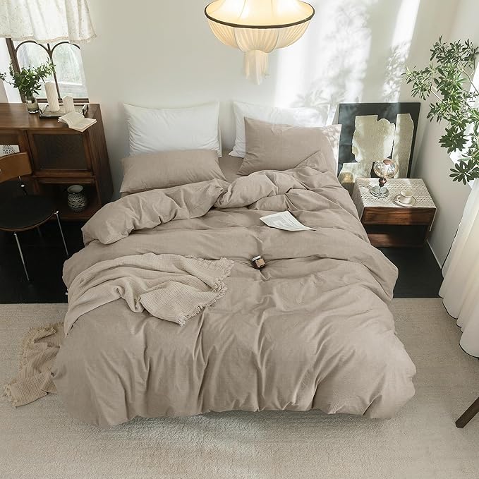 FOSSA Duvet Cover Set 100% Washed Cotton Linen Feel Super Soft Breathable Cozy 3 Pieces Bedding Sets Solid Tannish Linen Grey Twin/Twin XL