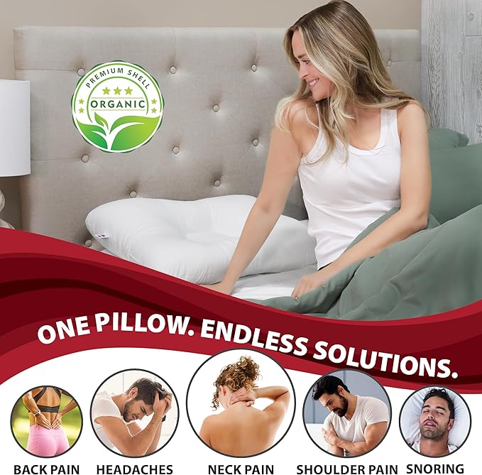 Core Products Tri-Core Natural Cervical Support Pillow for Neck Pain Organic Cotton Shell, Great Gift for Back and Side Sleepers, Midsize, Gentle