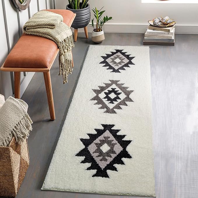 DEXDE Runner Bath Rug 24x60 Inches - Non-Slip Quick Dry Machine Washable Bath Mat, Boho Geometric Absorbent Long Carpet for Bathroom, Black and White