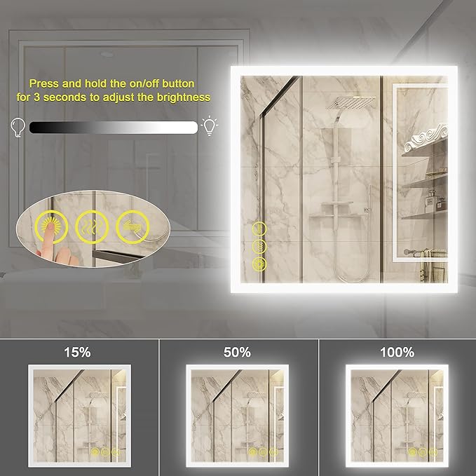 Wall-Mounted LED Square Bathroom Mirror, Makeup Mirror (36 inches x36 inches,) 3 Color Stepless Dimmable Memory Bathroom Vanity Mirror with Lights CRI90+ 3000-6400K Smart Mirror with Touch