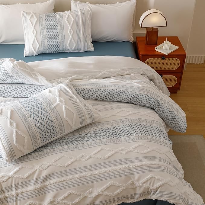 Cottonight White Blue Boho Comforter Set California King Farmhouse Tufted Bedding Set Soft Bohemain Shabby Chic Blanket Quilts Embroidery Rustic Luxury Soft 3PCS Bed Set for Women Men