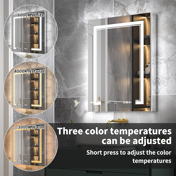 24"x32"Lighted Medicine Cabinet with Mirror, Recessed or Surface Mount LED Medicine Cabinet, Front&Backlit, Anti-Fog, Stepless Dimming, 3-Color Temperatures, Adjustable Shelves, Right Hinge