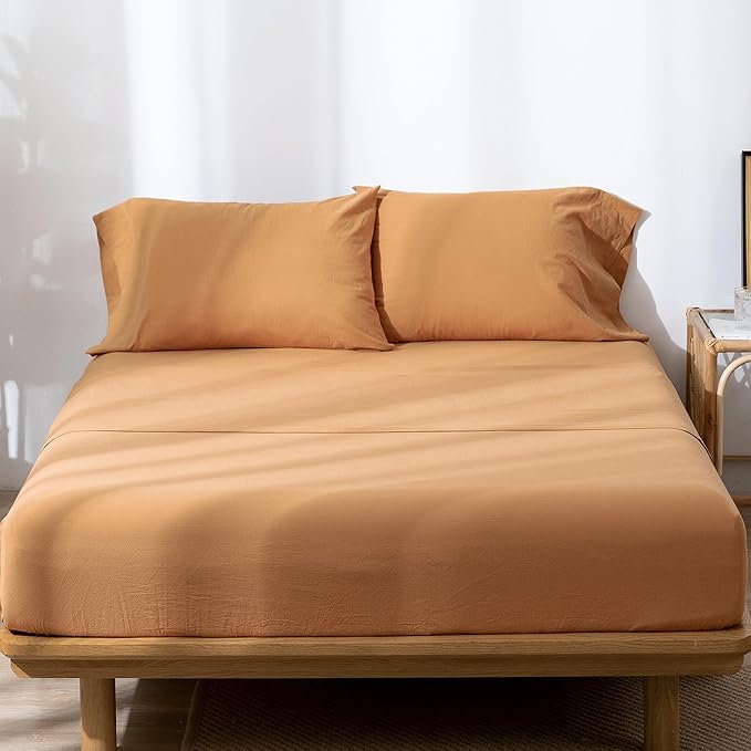 MooMee Bedding Sheet Set 100% Washed Cotton Linen Like Textured Breathable Durable Soft Comfy (Solid Burnt Orange, Full)