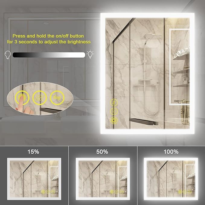Wall-Mounted LED Square Bathroom Mirror, Makeup Mirror (36inches x 30inches,) 3 Color Stepless Dimmable Memory Bathroom Vanity Mirror with Lights CRI90+ 3000-6400K Smart Mirror with Touch
