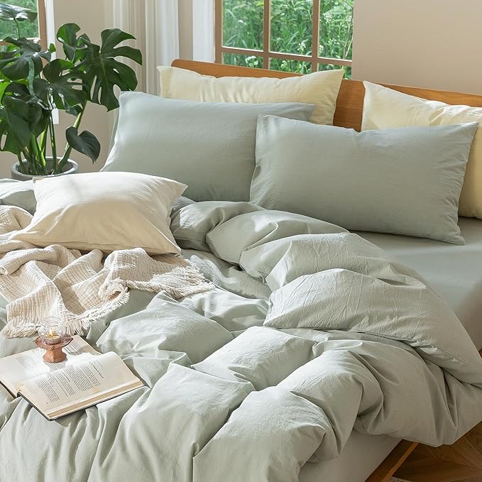 MooMee Bedding Duvet Cover Set 100% Washed Cotton Linen Like Textured Breathable Durable Soft Comfy (Heathered Sage Green, Super Queen 90"x98")