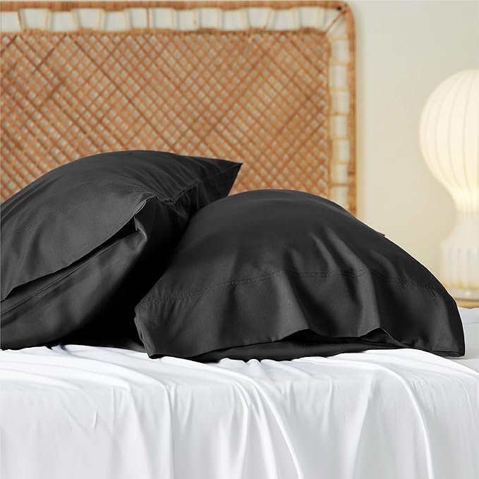 Bedsure Pillow Cases Queen, Cooling Pillow Cases, Rayon Derived from Bamboo Black Pillowcases Queen Size Set of 2, Silky Soft & Breathable Bedding Pillow Covers with Envelope Closure, 20x30 Inches