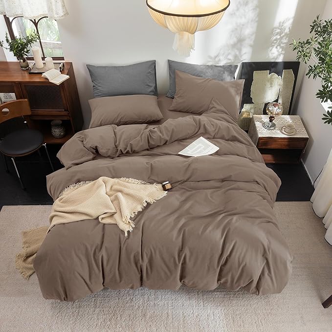 FOSSA Duvet Cover Set 100% Washed Cotton Linen Feel Super Soft Breathable Cozy 3 Pieces Bedding Sets Solid Pale Brown Oversized King Plus