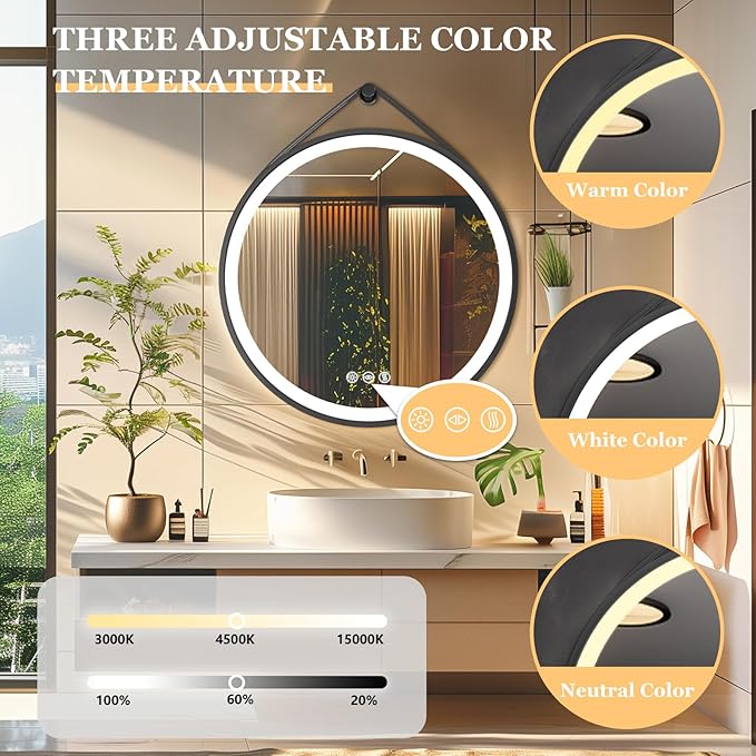 LUVODI Lighted LED Bathroom Mirror: 24” Round Wall Mounted Hanging Vanity Mirror with Front Light - Large Dimmable 3 Colors Makeup Mirror with Black Frame Sensor Touch Anti Fog for Bedroom Entryway