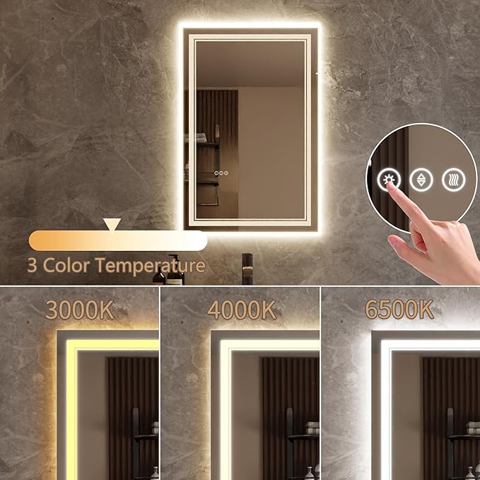 Bathroom Mirror with Lights 24"X36" with Front Light and Backlit, Tempered Glass, Wall Mount Horizontal/Vertical, Stepless Dimmable, 3 Colors, Anti Fog, Bathroom Memory LED Mirror