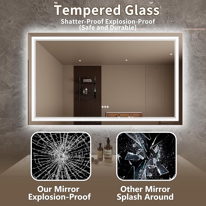 Bathroom Mirror with Lights 36"X60" with Front Light and Backlit, Tempered Glass, Wall Mount Horizontal/Vertical, Stepless Dimmable, 3 Colors, Anti Fog, Bathroom Memory LED Mirror