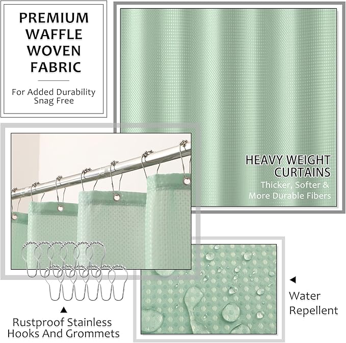 8-Piece Light Green Bathroom Set - Resin Bathroom Accessories Sets Complete with Shower Curtain and Rugs, Soap Dispenser, Toothbrush Holder, Tumbler & Vanity Organizer