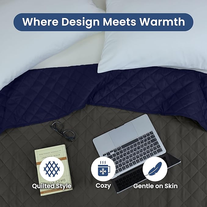 Martex Reversible Coverlet – Full Queen Size Quilt - Lightweight Quilt Full Size Bedding– Durable Queen Size Coverlet for Bed – Soft - Easy Care Bedding – Graphite/Navy