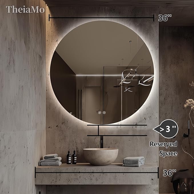 Round LED Mirror for Bathroom, 36" Circle Frameless Backlit Mirror with Lights, Wall Mounted Vanity Mirror, 3 Colors, Dimmable, Anti-Fog, IP65 Waterproof, Memory Function, UL Listed