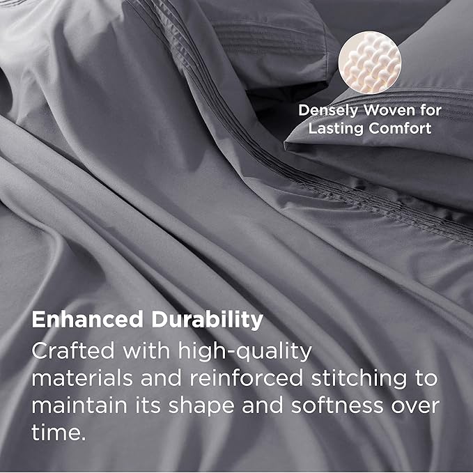 Bedsure Deep Pocket Queen Sheets Set - Fits Mattresses Up to 21 Inches Thick - 4 Piece GentleSoft Bed Sheets, Moisture Wicking, Soft & Cooling Bedsheet & Pillowcases, Easy & Secure Fit, Grey