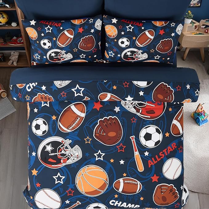 Full Size Comforter Set for Boys-7 Pieces Sports Ball Games Glow in The Dark Full Bedding Sets for Kids, Ultra Soft Bed in A Bag with Sheets