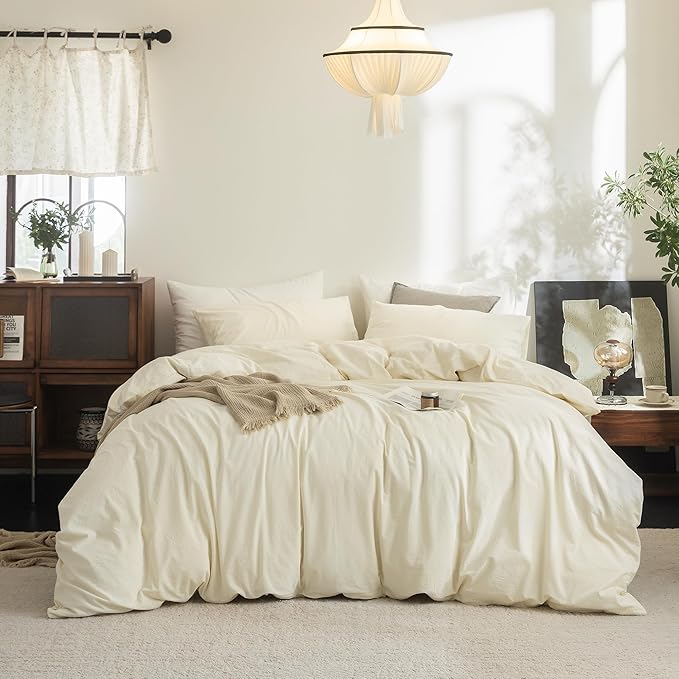 FOSSA Duvet Cover Set 100% Washed Cotton Linen Feel Super Soft Breathable Cozy 3 Pieces Bedding Sets Solid Cream White Full/Double