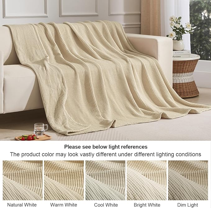 PHF 100% Cotton Waffle & Muslin Blanket Queen Size, Soft Breathable Luxury 400GSM Versatile Reversible Bedding for Bed, Great for Layering in Cold Weather, Home Decor Gift, 90" x 90", French Oak