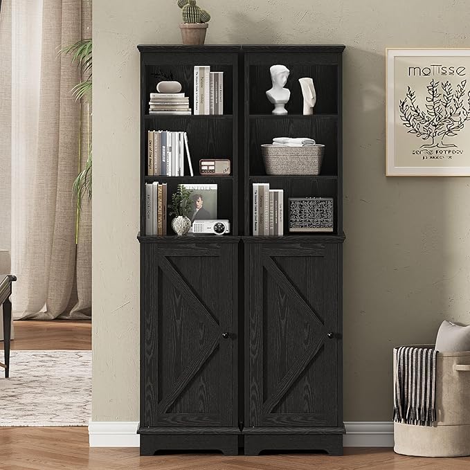 Tall Bathroom Storage Cabinet with Door and Open Adjustable Shelves, 60.9" H Wooden Tower Corner Narrow Farmhouse Cabinet, Freestanding Organizer for Kitchen, Entryway Black
