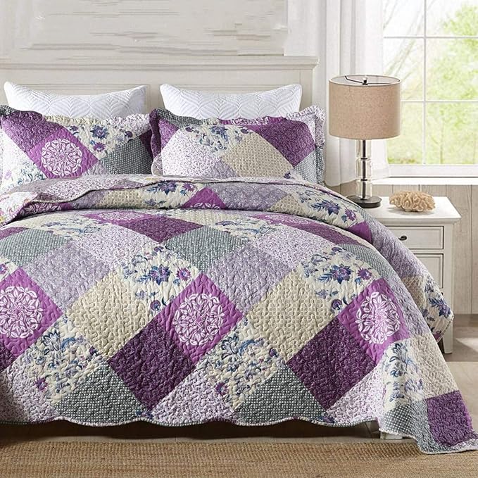 ENJOHOS Purple Patchwork Quilt Queen Size, 3Pc Floral Plaid Queen Bedspread Coverlet Set for All Seasons, Soft Reversible Microfiber Lightweight Bed Cover