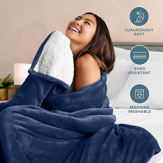 Bare Home Sherpa Fleece Blanket - Full/Queen Size - Blanket for Bed, Sofa, and Couch - Warm & Lightweight - Fluffy & Soft - Reversible (Full/Queen, Dark Blue)