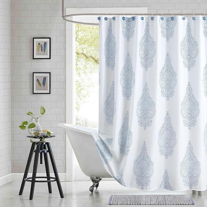 Fabric Shower Curtain, White and Blue Paisley Damask Medallion Print Shower Curtains for Bathroom, 72" W x 72" H