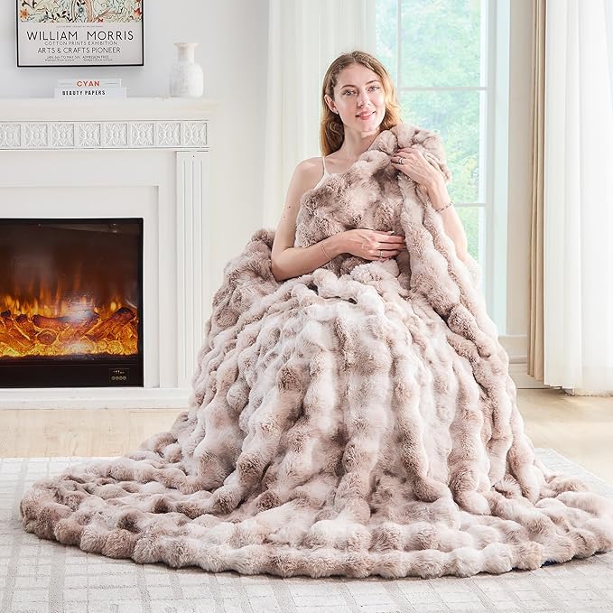 Fluffy Faux Rabbit Fur Throw Blanket - Soft Plush Luxury Bubble Blanket for Couch, Bed (Throw Size 50''x60'', Tie-Dyed Beige)