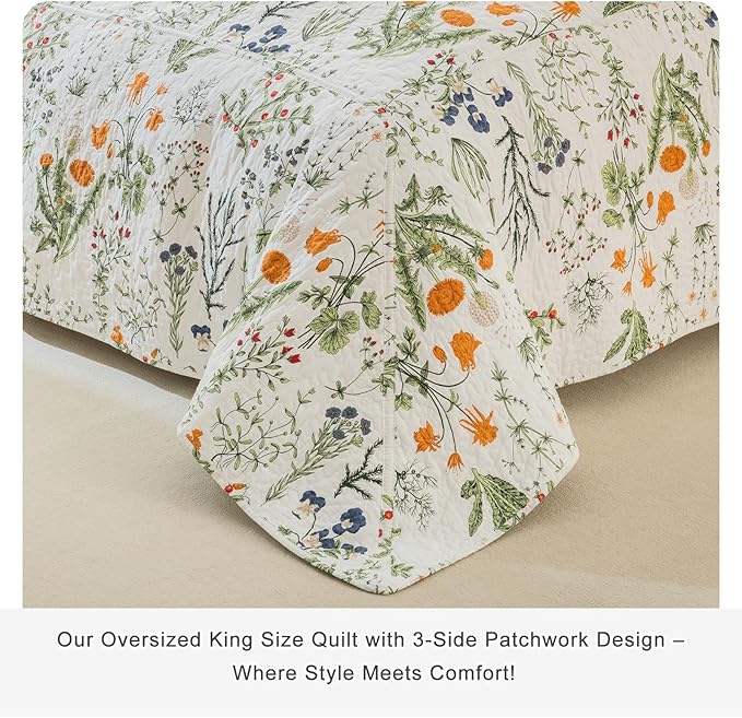 Lady Ann Oversized King Bedspreads 128x120,100% Cotton Floral Quilt Coverlet California King Size Extra Large Yellow Flowers & Leaves Pattern Plant Botanical Printed Lightweight Bedding Set, 3Pcs