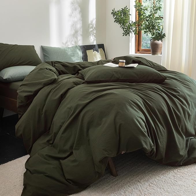 FOSSA Duvet Cover Set 100% Washed Cotton Linen Feel Super Soft Breathable Cozy 3 Pieces Bedding Sets Solid Olive Green Queen