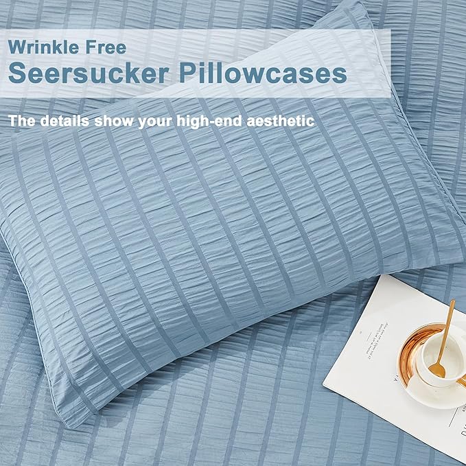 AveLom Seersucker Duvet Cover Set Queen Size Grayish Blue (90 x 90 inches), 3 Pieces (1 Duvet Cover, 2 Pillow Cases), Soft Washed Microfiber Textured Duvet Cover with Zipper Closure, Corner Ties