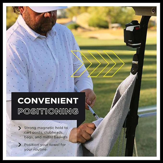STICKIT Magnetic Towel, Gray | Top-Tier Microfiber Golf Towel with Deep Waffle Pockets | Industrial Strength Magnet for Strong Hold to Golf Carts or Clubs