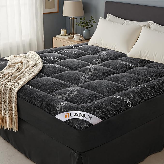 OLANLY California King Mattress Topper, Viscose Made from Bamboo, Cooling Soft Pillow Top Mattress Pad for Back Pain Relief, Plush Down Alternative Fill Bed Topper with Elastic Deep Pocket, Dark Gray