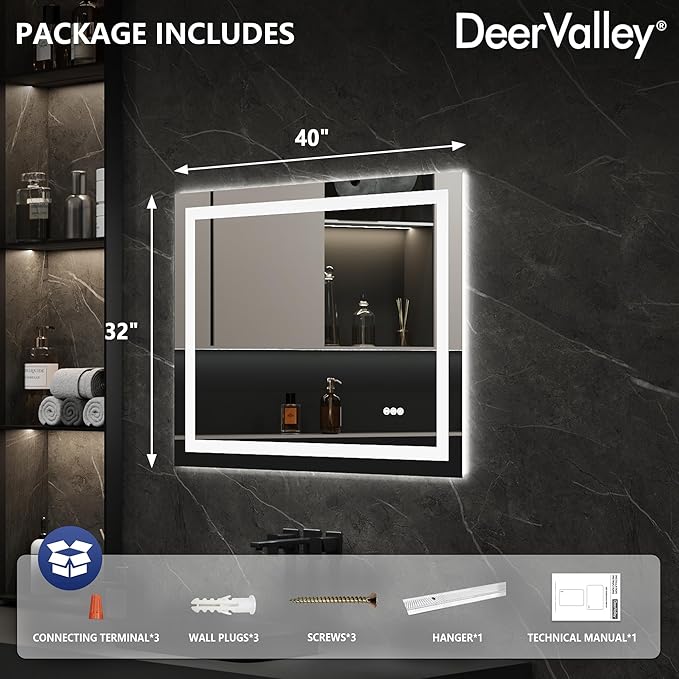 DeerValley LED Bathroom Mirror, 40" x 32" Front and Backlit Wall Mounted Bathroom Vanity Mirror, Anti-Fog, 3 Colors Dimmable, Shatterproof, Tempered Glass, Memory Function (Horizontal/Vertical)